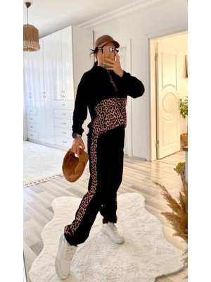 Marsilyan- Kadın Uzun Kollu Leopar Detay Sweat ve Yanı Leopar Şerit Detay Pantolon Ikili Takım