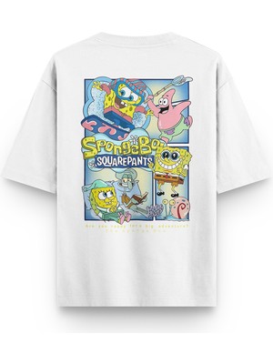 Overoz Sponge Bob Sünger Bob Sırt Baskılı Unisex Beyaz Oversize Tshirt 1232