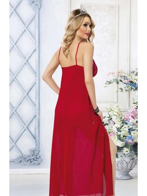 Marsilyan-  Kırmızı Dantel Işlemeli Yırtmaçlı Fantezi Uzun Gecelik