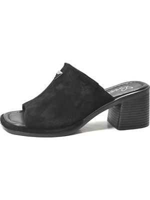 Beety 49.34 Hakiki Deri Siyah Klasik Kalın Topuklu Kadın Terlik