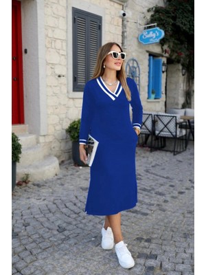 Marsilyan- Kadın Uzun Kollu V Yakalı Yandan Yırtmaçlı Iki Iplik Midi Elbise