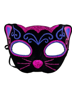 Esranın Dünyası Siyah Kadife Kaplama Üzeri Pembe Mavi Sim Işlemeli Kedi Maskesi 20X13 cm (4887) RSGO34-ESRDNS