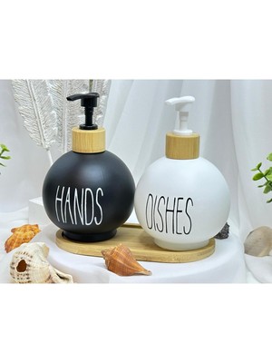 Lumindra Iskandinav Tasarım Bambu Detay Seramik Sıvı Sabunluk Sıvı Deterjanlık Seti 2li Beyaz ve Siyah Renk