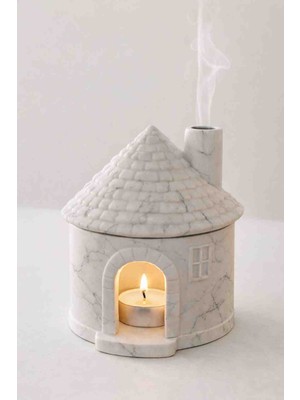 Minimal Mermer Efektli Seramik Ev Tütsülük & Mumluk – El Yapımı Dekoratif Tealight Ev (Lavanta & Vanilya Kokulu Mum Hediyeli)