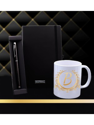 Kişiye Özel Harf Kupa  & Siyah Defter & Dokunmatik Füme Roller Kalem Hediye Seti