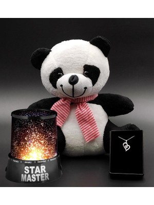 Tatlı Peluş Panda & Star Master Gece Lambası & 100 Dilde Seni Seviyorum Kolye Hediye Seti
