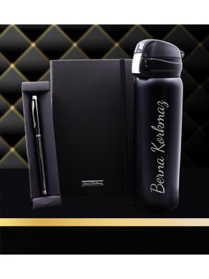 Kişiye Özel Siyah Kilitli Termos & Siyah Defter & Dokunmatik Füme Roller Kalem Hediye Seti