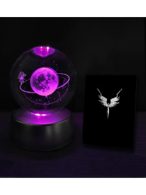 3D Galaksi Temalı Satürnlü Kız Işıklı Cam Küre & Zirkon Taşlı Mikail Melek Kolye Hediye Seti