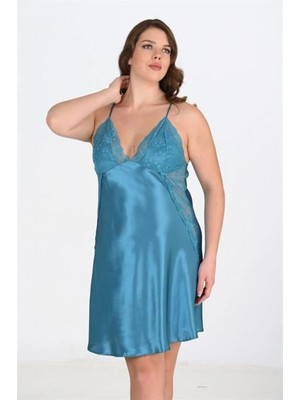 Marsilyan-  Büyük Beden Dantel Işlemeli Petrol Mavisi Saten Gecelik