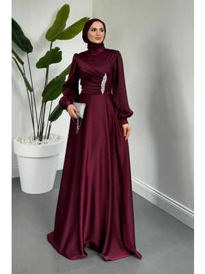 Merven Akyüz Florentine Taşlı Saten Abiye Mürdüm