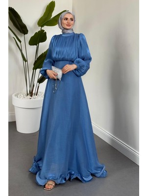 Merven Akyüz Virella Altı Fırfırlı Janjan Abiye Mavi