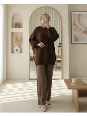 Modamorfo Yuvarlak Yaka Kolu Örgü Detaylı Triko Kazak    -K. Kahve