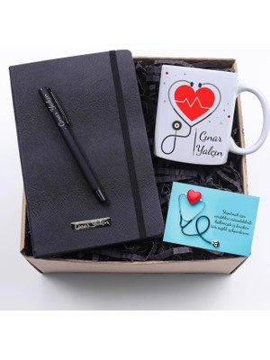 Sağlık Çalışanlarına Özel Baskılı Kupa & Kişiye Özel Siyah Defter & Siyah Roller Kalem Hediye Seti