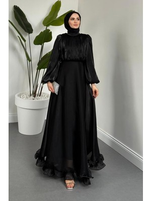 Merven Akyüz Virella Altı Fırfırlı Janjan Abiye Siyah