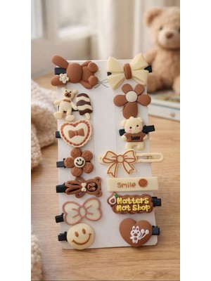 Elas Home Çocuk ve Bebek Figürlü Kahverengi Kerem Pensli 14'lü Set Tokalar