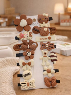 Elas Home Bebek & Çocuk Kahverengi Krem Renkli 14'lü Set Tokalar