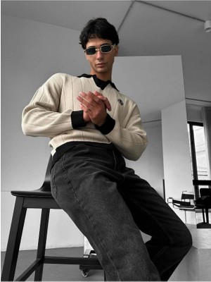 Elku Moda Premium Old Money Çizgili Polo Yaka Erkek Triko Kazak - Relaxed Fit Dokulu V Yaka Örgü Sweatshirt