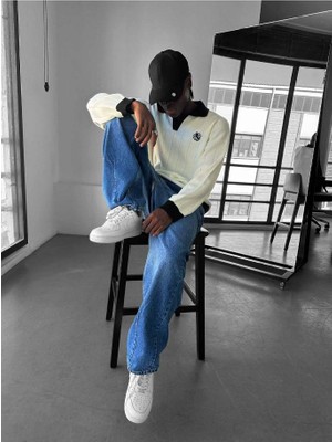 Elku Moda Premium Old Money Çizgili Polo Yaka Erkek Triko Kazak - Relaxed Fit Dokulu V Yaka Örgü Sweatshirt