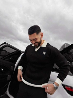 Elku Moda Premium Old Money Çizgili Polo Yaka Erkek Triko Kazak - Relaxed Fit Dokulu V Yaka Örgü Sweatshirt