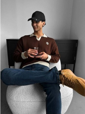 Elku Moda Premium Old Money Çizgili Polo Yaka Erkek Triko Kazak - Relaxed Fit Dokulu V Yaka Örgü Sweatshirt