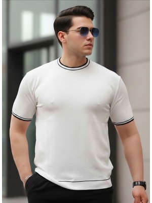 Alex Rosen Beyaz Çizgili Bisiklet Yaka Triko Tişört