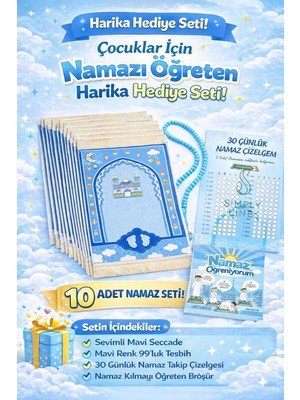 10 lu set Simply Line Namaz Öğreniyorum Broşürü ve Çizelgesi Tesbih Erkek Çocuk Seccadesi Hediyelik Seccade Toplu
