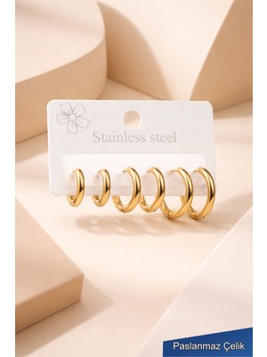 Trend Collection Kadın Gold Klasik Halka Paslanmaz Çelik Küpe Set (6 Adet)