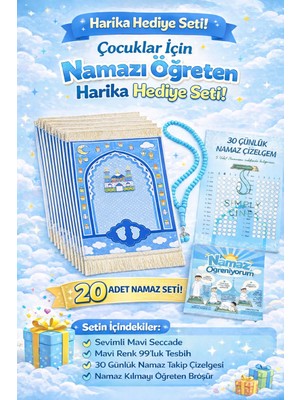 20 li set Simply Line Namaz Öğreniyorum Broşürü ve Çizelgesi Tesbih Erkek Çocuk Seccadesi Hediyelik Seccade Toplu