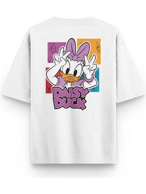 Overoz Daisy Duck Sırt Baskılı Yarı Oversize Unisex Beyaz Tshirt 1233