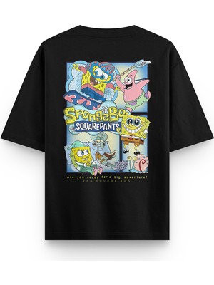 Overoz Sponge Bob Sünger Bob Sırt Baskılı Unisex Siyah Oversize Tshirt 1232