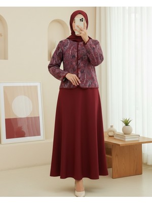 Modamorfo Etnik Desenli Top Düğmeli Scuba Takım  -Bordo