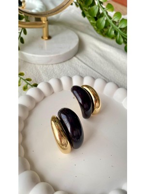 Jewelry Bombeli Siyah Gold Vintage Taşlı Küpe