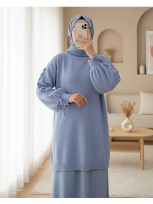 Modamorfo Yuvarlak Yaka Kolu Örgü Detaylı Triko Kazak    -İndigo