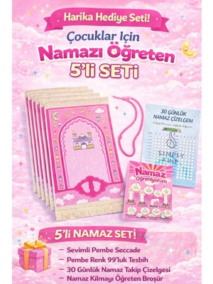 5 li set Simply Line Namaz Öğreniyorum Broşürü ve Çizelgesi Tesbih Kız Çocuk Seccadesi Hediyelik Seccade Toplu