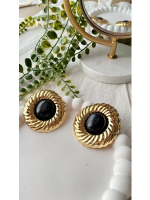 Jewelry Siyah Taşlı Çizgili Yuvarlak Plaka Vintage Büyük Küpe