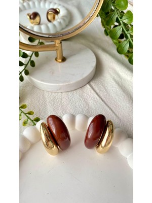 Jewelry Bombeli Kahverengi Gold Vintage Taşlı Küpe