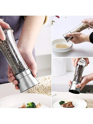 Lumindra Cam Gövdeli Paslanmaz Çelik Kapaklı Tuz Karabiber Değirmeni Tuz Karabiber Öğütücü 19 cm 2 Adet