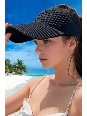 Reva Adın Örgü Dokulu Geniş Siperlikli Vizör Şapka – Yazlık Açık Tepe Uv Korumalı Plaj Şapkası