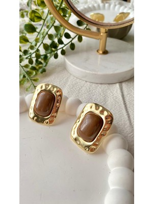 Jewelry Kahverengi Taşlı Desenli Kare Plaka Vintage Gold Küpe
