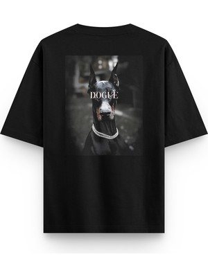 Overoz Doberman Dogue Köpek Sırt Baskılı Yarı Oversize Unisex Siyah T-Shirt 1235