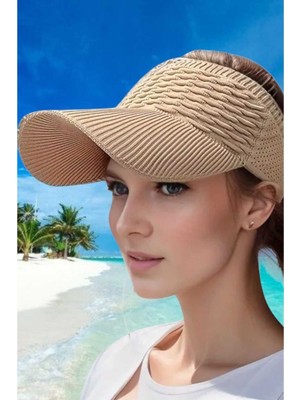Reva Adın Örgü Dokulu Geniş Siperlikli Vizör Şapka – Yazlık Açık Tepe Uv Korumalı Plaj Şapkası