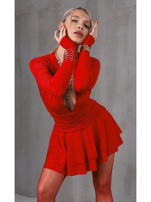 ME & Me Derin V Yakalı Kırmızı Kat Kat Etekli Mini Elbise