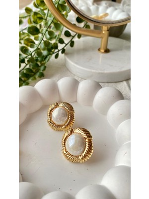 Jewelry Yaprak Desenli Inci Taşlı Gold Küpe