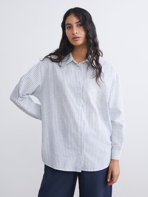 Lc Waikiki Yeni Sezon Çizgili Keten Karışımlı Kadın Gömlek Tunik