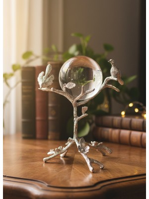 Furkan Metal Dekoratif Ayaklı Kuşlu Küre Güümüş Obje