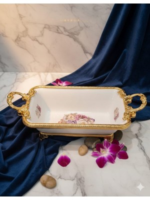 Furkan Dekoratif Etrafı Gold Metal Beyaz Dikdörtgen Derin Çiçekli Sunumluk Tabak