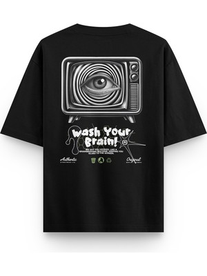 Overoz Wash Your Brain Sırt Baskılı Yarı Oversize Siyah T-Shirt 1258