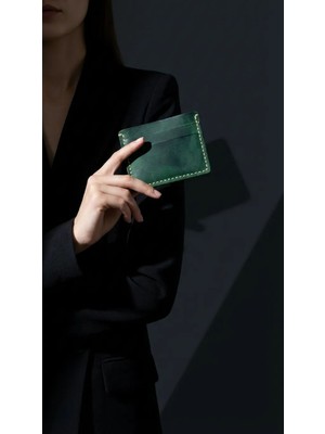 El Yapımı Hakiki Deri Slim Kartlık 5 Gözlü Yeşil