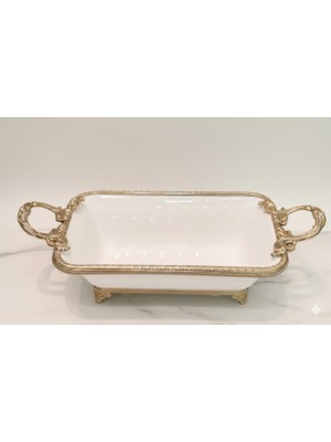 Furkan Dekoratif Etrafı Bronz Metal Beyaz Dikdörtgen Derin Sunumluk Tabak