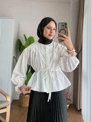RFK Butik Kadın Etek Üstü Beli Tünelli Tesettür Kısa Gömlek - Beyaz